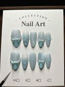 10片/包 奢华海军蓝猫眼仿珍珠腮红猫爪手工美甲装饰指甲贴片 美甲用品 手工按压式指甲贴片 - 寶藍色 - 查看 9