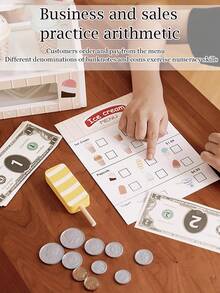 儿童木制冰淇淋柜台玩具套装，幼儿女孩玩具厨房玩具套装过家家礼物，适合 3 4 5 6 岁女孩或男孩，食物舀取和盛放玩具，适合 3-8 岁儿童的玩具厨房套装