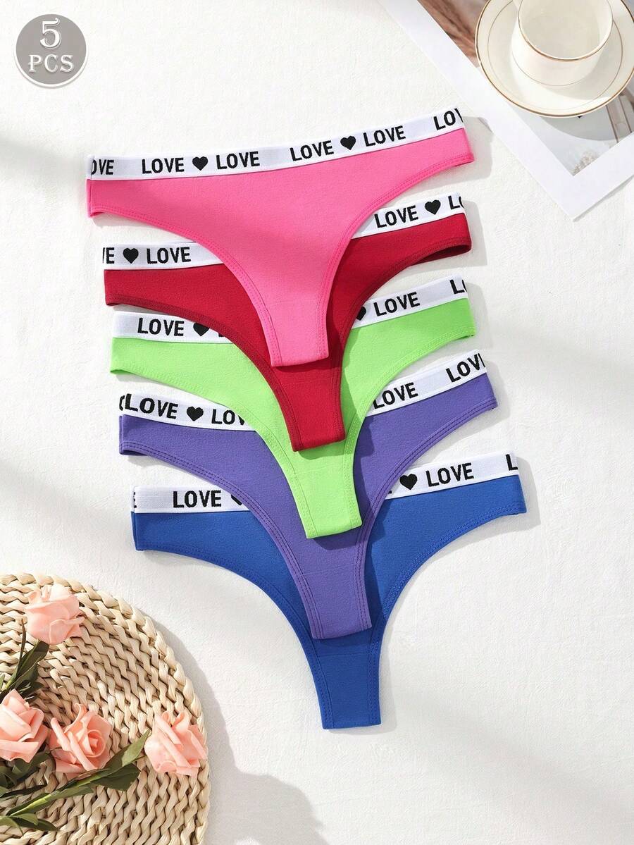 5 件/包女士棉质字母提花无缝丁字裤，休闲运动弹力柔软透气三角裤