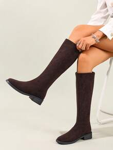 Fall/Winter Women's Fashion Brown Suede Low Heel Knee-High Boots, Minimalist Back Zipper Slimming Riding Boots, Suitable For Holiday, Office, Commute, Business,Party - Brown - View 2