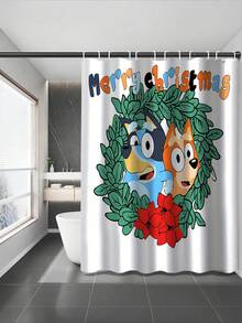 [Christmas Bluey Shower Curtain Window Curtain Set] 1/3/4pcs Christmas Solid Color Santa Hat Bluey Family And Friends Holiday Pattern Printed Shower Curtain Set, Modern Design, Suitable For All Seasons, Waterproof Polyester Hooks And Lining, Flannel Material, Soft Surface, Absorbent Anti-Slip Bathroom Mat, Bathroom Set Includes U-Shaped Mat, Toilet Mat, Anti-Slip Bathroom Mat And Bathroom Accessories, Home Decor, Holiday Decor, Christmas Gift, Daily Decor, Gift Giving