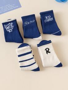 5 Pairs Kids/Toddler Boys' Crew Socks, White, Blue, Colorblock, Striped, Cartoon Letter, Ribbed, Warm, Suitable For Daily Wear, Gifts, Cute, Fashionable, Simple, Suitable For Students, Warm - Multicolor - View 6