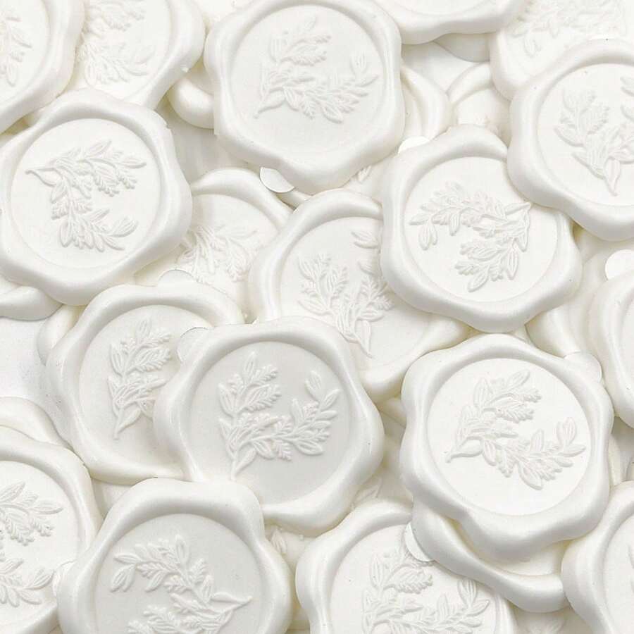 25/50/100Pcs White Eucalyptus/Heart Wax Seal Stickers, Handmade Envelope Seals Self Adhesive Wax Stickers, Eucalyptus Wedding Invitation Envelope Seal Stickers, Perfect For Invitation, Christmas, Gift Wrapping, Party, Wedding Party, Envelope - White - View 1