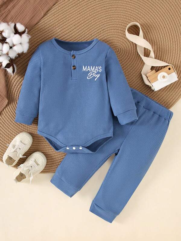 2pcs/Set Stylish Toddler Boys Autumn Winter Casual Clothes, Solid Color Letter Embroidery Round Neck Long Sleeve Romper And Blue Waffle Jogger Pants, 2-Piece Outfit