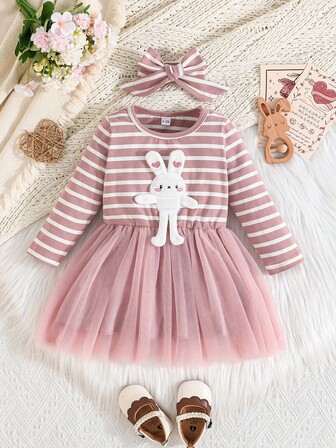 Spring/Autumn Baby Girls' Long Sleeve Striped Cute Rabbit Print T-Shirt & Double Layer Mesh Dress With Headband, Cute Pattern For Holiday & Casual Outdoor Wear