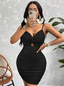 AIJ Amarilo Twist Strap Ruched Bodycon Dress (Random Floral Print) Black Summer Elegant - Black - View 7