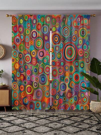 1 Set Of 2 Pcs, Bohemian Geometric Polka Dot Digital Print Curtains, Blackout Curtains, Semi-Sheer Indoor Outdoor, Bedroom, Living Room Window Curtain Home Decor