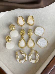 Bộ 5 đôi bông tai đính nhựa kiểu Pháp thanh lịch, màu trắng độc đáo, thời trang dành cho phụ nữ đeo hàng ngày, dự tiệc, dạ hội, tiệc tùng, lễ hội - Vàng vàng + trắng - Xem 1