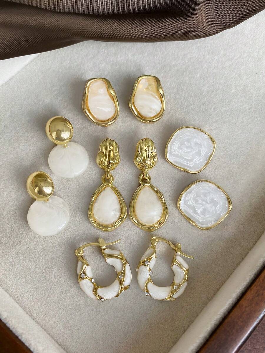 Bộ 5 đôi bông tai đính nhựa kiểu Pháp thanh lịch, màu trắng độc đáo, thời trang dành cho phụ nữ đeo hàng ngày, dự tiệc, dạ hội, tiệc tùng, lễ hội - Vàng vàng + trắng - Xem 1