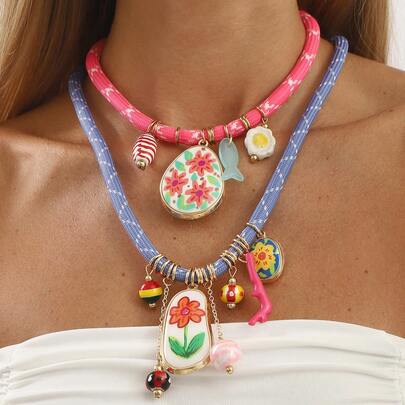 Mydear 1pc Bohemian Floral & Red Coral Multi-Element Pendant Necklace, Suitable For Women To Wear On Beach Vacation