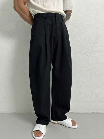 Men's Solid Color Casual Straight Leg Pants, New High-End Niche Design Loose Wide Leg Long Trousers, Fall