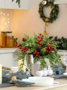22/40pcs Artificial Pine Tree Branches With Red Berries - Realistic Evergreen Foliage In White Vase-Like Pot, Durable Plastic Winter Foliage With Green Needles & Red Berries For Christmas, Thanksgiving, Table Centerpiece, Wreaths, Garlands - All-Season Indoor/Outdoor Decoration (No Maintenance Required) - Ideal For DIY Crafts, Home & Party Decor, Christmas Decor - Multicolor - View 4