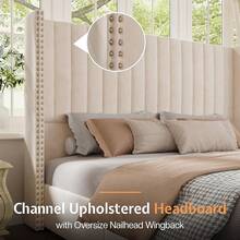 Lift Up Storage Bed Frame Queen/King Size, Velvet Upholstered Platform Bed With Channel Tufted Wingback Headboard, Modern Bedroom Furniture Design, No Box Spring Needed, Cream - Cream - View 7