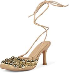 Saint Leia Women's 4IN High Heel Sandals Nude Stiletto Pumps With Gold Silver Pearls Heels For Weddings Parties And Evening WearChristmas - 裸金 - 查看 1