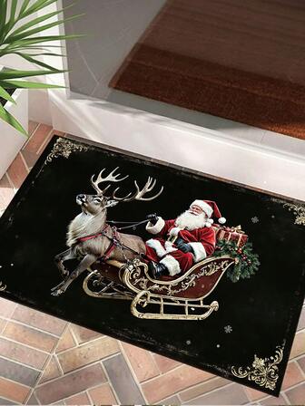 1 pieza Felpudo de Navidad con diseño de Papá Noel y trineo de renos, alfombra de baño de secado rápido y absorbente, decoración navideña, alfombra navideña antideslizante y absorbente de agua sin olor, felpudo de entrada, decoración navideña, alfombra decorativa, raspador de zapatos de entrada, alfombra de espuma, felpudo de entrada que atrapa la suciedad y el polvo, felpudo de bienvenida para entrada, adecuado para sala de estar, dormitorio, cocina, entrada interior en Navidad, múltiples estilos disponibles, alfombra de cocina