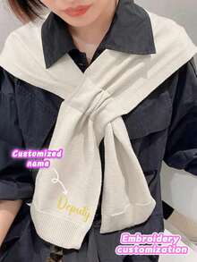 定制刺绣纯色女式针织披肩，舒适贴肤斗篷披肩，秋冬季保暖外套，适合外出，也可作为送给家人和朋友的礼物 - 乳白色 - 查看 5