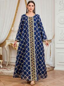 女士穆斯林长袍连衣裙，长袖土耳其时尚刺绣串珠饰边长袍，优雅奢华的阿拉伯长袍 - 藏蓝色 - 查看 3