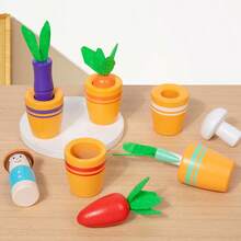 Cute Flower Pot Matching Planting Cup Color Matching Game, Vegetable Size Matching Cognitive Thinking Training Educational Wooden Toy