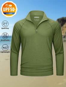 Men's UPF 50+ 1/4 Zip Pullover Shirts Outdoor Sun Protection Long Sleeve T-Shirts Lightweight Athletic Workout Tops - Army Green - View 2