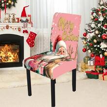 1/4/5/6/7/36 pièces Ensemble de housse de chaise/housse imprimé Père Noël tenant une boîte-cadeau et renne, convient pour la maison, le restaurant, l'hôtel, idéal pour la décoration quotidienne moderne. La nappe s'adapte à une table de salle à manger carrée, la housse de chaise élastique est lavable.