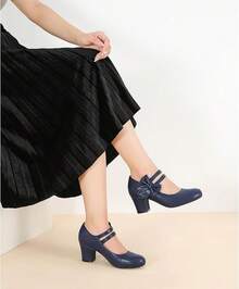 Enelauge Women's Mary Jane Heels With Bow Retro Closed Round Toe Pumps Sweet Ankle Strap Low Block Heels Chic Bowtie Vintage Dress Wedding Party Office Daily ShoesChristmas - 海軍藍啞光 - 查看 7