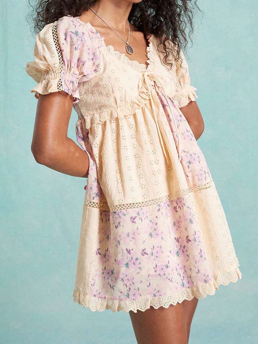 Women Y2k Puff Sleeve Babydoll Dresses Boho Floral Print V Neck Bow Tie Front Mini Dress Summer Flowy Patchwork Babydoll Sundress - 紫色 - 查看 1