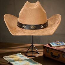 Sombrero de vaquera para hombre y mujer, sombrero Fedora de ala ancha con remaches y cinturón, sombrero de lana de fieltro, gorra de jazz para fiesta - Camel - Ver 4