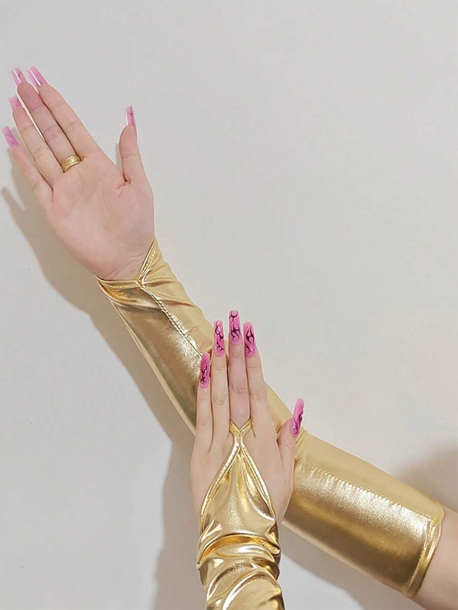 1 Pair Women's PU Long Arm Fingerless Gloves, Shiny Long Sleeve Gloves For Party Summer - Gold - View 1