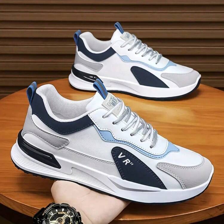 أحذية رياضية رجالية عصرية ذات تصميم رجعي، قابلة للتنفس، مريحة ومانعة للانزلاق، أحذية كاجوال بنظام ربط، مناسبة للأنشطة الخارجية - الأبيض والأزرق - مشاهدة 3