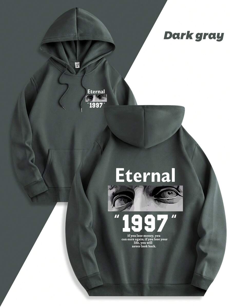 Sudadera con capucha gráfica azul claro ETERNAL 1997 - Sudadera casual unisex con diseño de escultura y letras, capucha con cordón, bolsillo delantero, comodidad para todas las estaciones, regalo perfecto para hombres y mujeres - Gris Oscuro - Ver 1