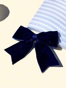 1pc Navy Velvet Bowknot Hair Clip, Girls Hair Accessories, Autumn/Winter - Navy Blue - View 1