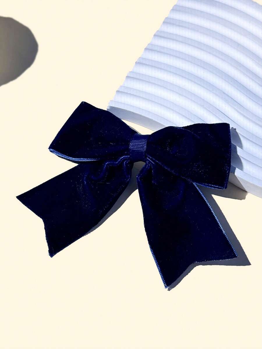 1pc Navy Velvet Bowknot Hair Clip, Girls Hair Accessories, Autumn/Winter - Navy Blue - View 1
