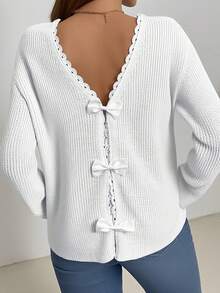 Womens Plus Size Knit Tops Fall Long Sleeve V Neck Solid Color Back Lace Patchwork Bow Decor Pullover Sweater - Blanco - Ver 2