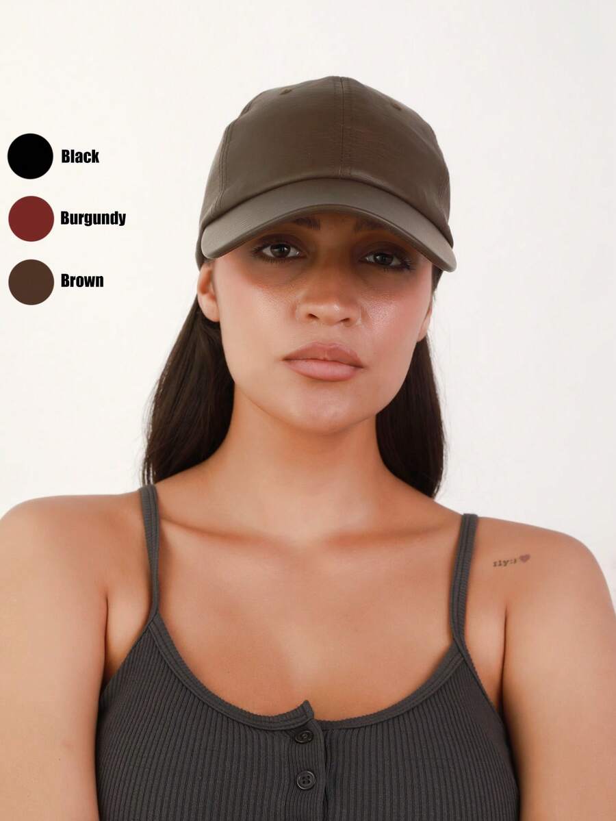 1 pièce Casquette de baseball vintage unisexe en PU de couleur unie, réglable et douce, convient pour les sorties décontractées et les rendez-vous - couleur unie - Voir 1