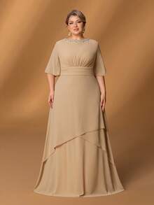 Faeriesty Mosy Plus Mother Of The Bride Dress Featuring Round Neck With Rhinestone Details, Flattering Ruffled Half Sleeves And Gorgeous A-Line Skirt – Perfect For Upscale Evening Galas, Luxurious Family Reunions, Sacred Church Ceremonies, Prestigious Social Events