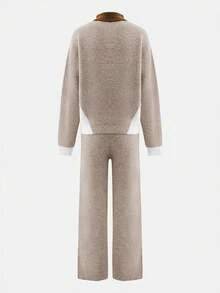 Women's Turtleneck Color Block Zip-Up Loose Casual Sweater And Drawstring Waist Wide Leg Knit Pants Set