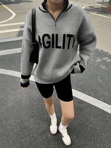 Modny damski, sportowy, casualowy sweter na jesień i zimę w stylu retro z żakardowym wzorem, zapięcie na zamek błyskawiczny z wysokim kołnierzem, długi sweter z dzianiny