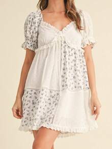 Women Y2k Puff Sleeve Babydoll Dresses Boho Floral Print V Neck Bow Tie Front Mini Dress Summer Flowy Patchwork Babydoll Sundress - 白色 - 查看 5