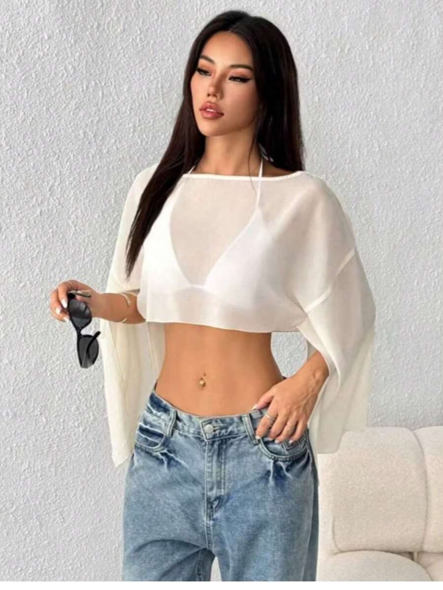 Cropped Cape Flare Sleeve Tulle Simple Asymmetric Beach Top - White - View 1