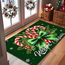 1pc Holiday Christmas Welcome Doormat With Candy Cane And Holly Design, Soft Comfortable Carpet, Bathroom Mat, Bath Rug, Doormat, Small Rug, Carpet, Mat, Home Decor, Area Rug, Outdoor Mat, Home Decoration, Area Carpet, Bedroom Rug, Washable Rug, Ins Style Rug, Best Gift For Girls, Christmas New Year Holiday Decor Kitchen Rug