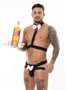 GogoBoy Men's Sexy Waiter Bartender Costume | Underwear With Bow Tie And Erotic Suspender (Bottle Not Included) - màu đen - Xem 2