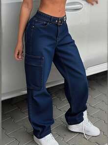 Pantalón Cargo Mezclilla Stretch Mujer Corte Wide Leg Con Cinturón - Azul lavado oscuro - Ver 3