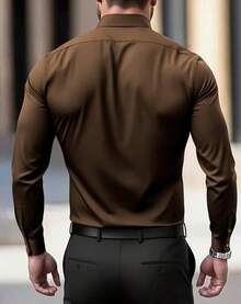 Men's Wrinkle Dress Shirts Formal Long Sleeve Button Down Wedding Business, Style - Brown - View 2