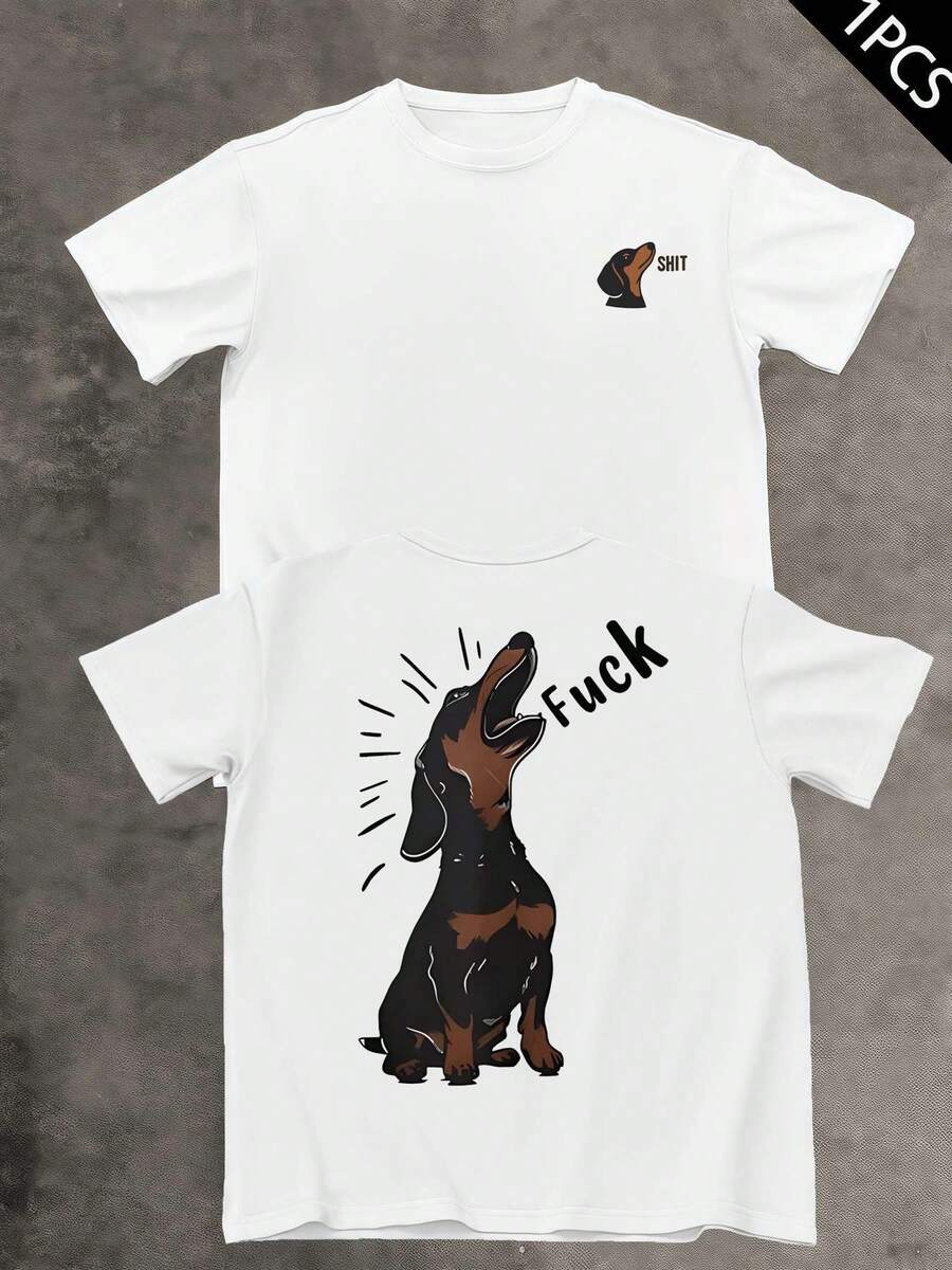 Dachshund Graphic T-Shirt, Men's Double-Sided Print T-Shirt, Fashion Casual Crew Neck, 220gsm Cotton (1 Piece) - White - View 1