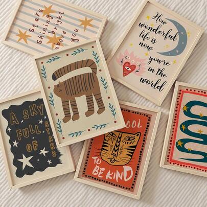 6pcs Frameless, Funny Cat Poster, Cute Kitten Illustration, Cat Lover Gift, Cottage Cat Print, Hand-Drawn Leopard Poster Printable, Sky Full Of Stars Print, Farm Kitchen Decor, Neutral Nursery Wall Art Instant