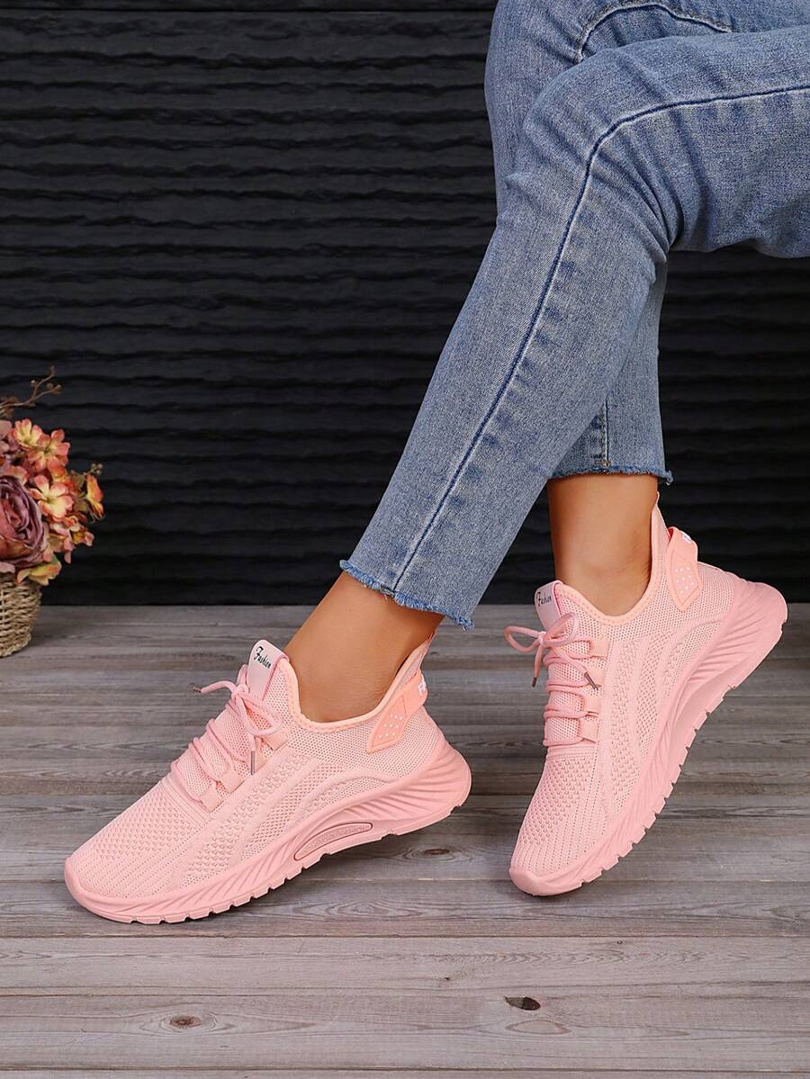 4 Season New Knit Mesh Breathable Lace-Up Casual Sneakers, Comfortable Elastic Soft Sole Outdoor Running Shoes, Walking Shoes, Commuting Shoes, Fitness Shoes - Pink - View 1