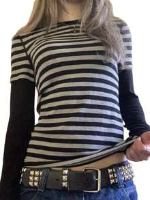 Y2k Grunge Shirts Fairy Gothic Tops Women Vintage Aesthetic Graphic Baggy Tees 90s E Girls Emo Top Harajuku Fall Clothes Women Y2k Long Sleeve Crew Neck T-Shirt Stripes Slim Fit Shirts Tops Streetwear - màu đen - Xem 1