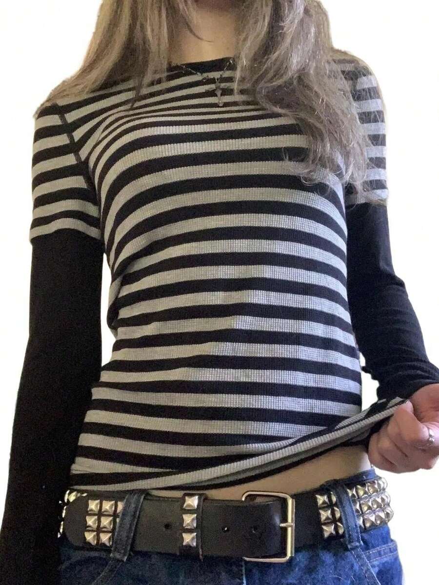 Y2k Grunge Shirts Fairy Gothic Tops Women Vintage Aesthetic Graphic Baggy Tees 90s E Girls Emo Top Harajuku Fall Clothes Women Y2k Long Sleeve Crew Neck T-Shirt Stripes Slim Fit Shirts Tops Streetwear - màu đen - Xem 1