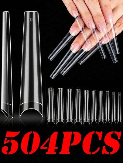 504 piezas de puntas de uñas en forma de ataúd largas y transparentes, puntas de uñas en forma de ataúd extra largas con cobertura media y curva C gratuita para uñas acrílicas profesionales, puntas de uñas acrílicas, uñas postizas para salones y manualidades de arte de uñas DIY, con producto semiacabado, pegamento de barro, uñas de presión y suministros para uñas