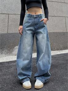 女式宽松阔腿牛仔裤，带口袋，筒形牛仔裤 - 中等水洗藍 - 查看 1